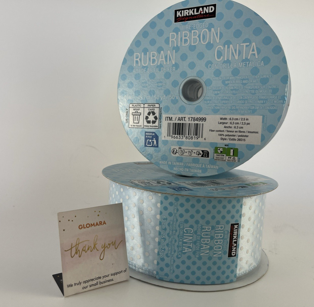 Kirkland Wire-Edged Seamless Ribbon 2.5" x 50 Yards Blue Polka Dot Set of 2 NEW